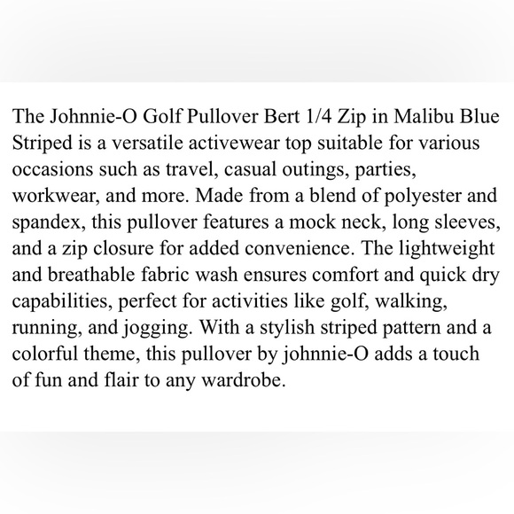 johnnie-O Golf Pullover Bert 1/4 Zip Malibu Blue Polyester Spandex - Picture 5 of 5